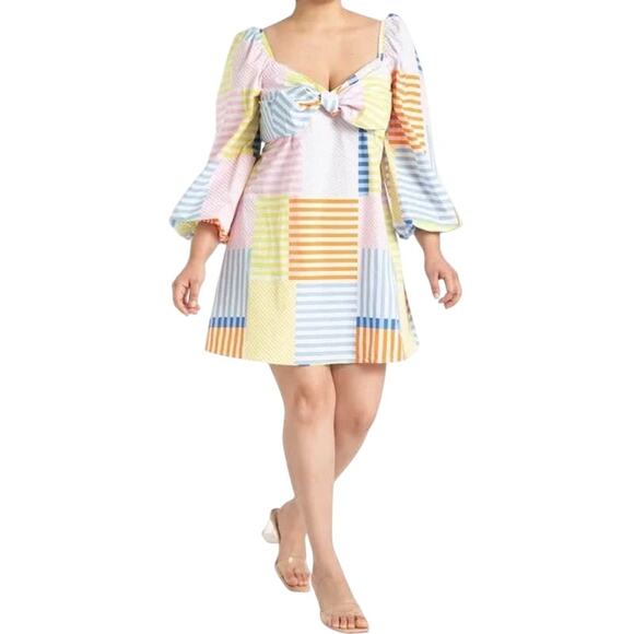 Eloquii Mini Dress Womens 28 Multicolor Rainbow Patchwork Tie Bodice Retro 70s - Picture 1 of 13